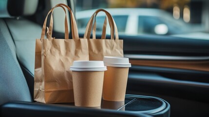 Two coffee cups and two bags on the car's dashboard.