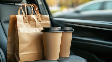 Two coffee cups and takeout bag on car seat showing road.
