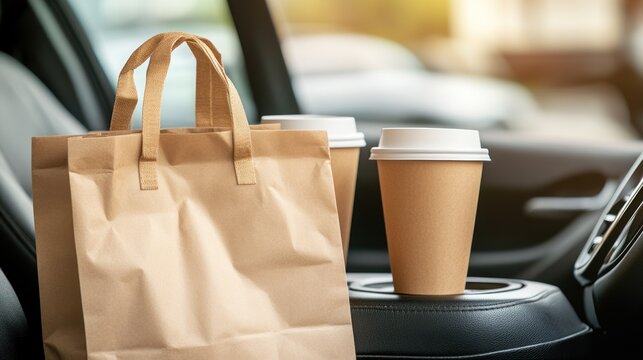 Brown paper bag alongside two coffee cups in car