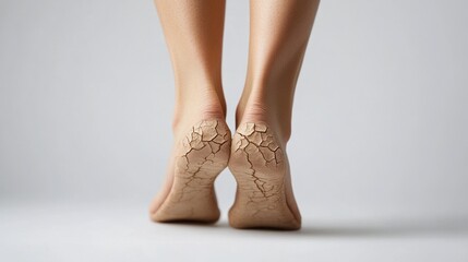 Back view of cracked heels, standing, foot care needed.