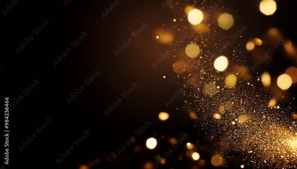Poster golden particles against dark background with copy space