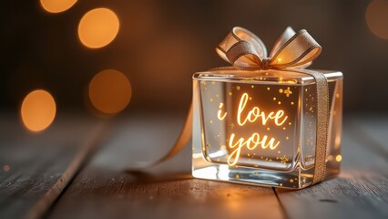 Transparent glass Christmas gift with glass bow, golden glowing text &ldquo;i love you&rdquo;, festive golden bokeh background