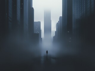 Low-angle perspective showcasing a minimalist cityscape, stark lines and silhouettes, a horizon shrouded in mist, eerie tranquility