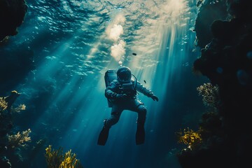 Low-angle view of a subaquatic astronaut exploring vibrant coral reefs, sunlight filtering through water, ethereal glow