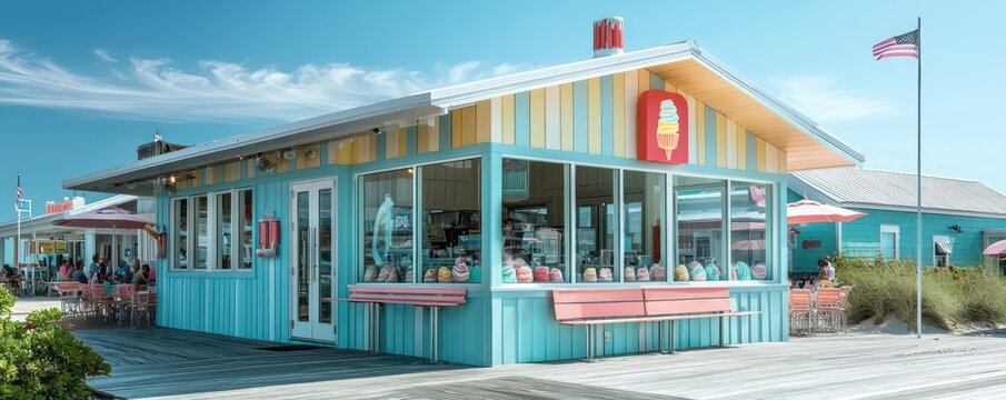 A beachside ice cream parlor with pastel-colored James Hardie siding, providing a nostalgic yet durable setting that withstands the salty air and bustling summer crowds