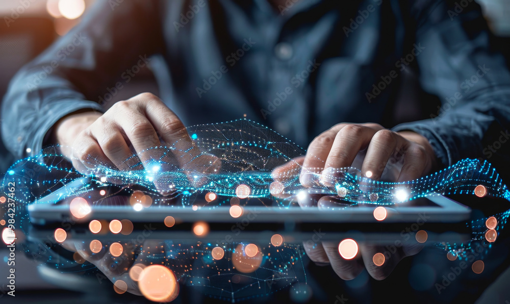Aufkleber tech expert utilizing digital devices, global network connectivity - software development, iot conce