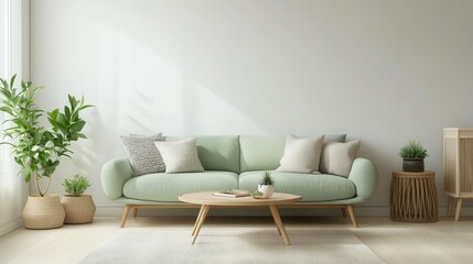 A minimalist living room featuring a soft pastel green couch and light wooden coffee table