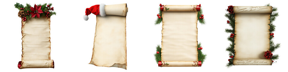 Set of a Christmas Santa's list scroll, isolated on a transparent background.