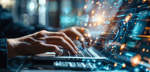 Data scientist programming AI algorithm on virtual interface, analyzing global financial trends for business strategy and digital tech development