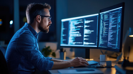 Software developer working on computer code at night in office