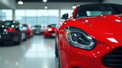 a close up view of a shiny red car in a showroom with other vehicles in the background