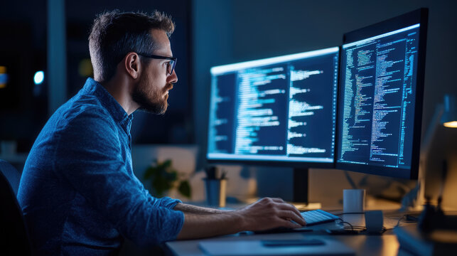 Software developer working on computer code at night in office