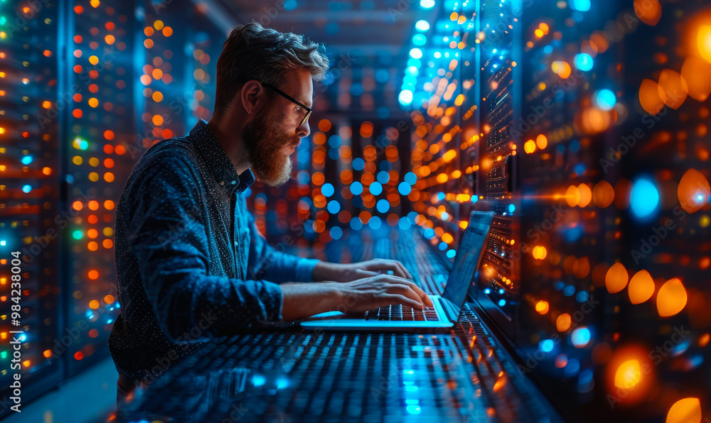 Poster female it technician coding on laptop in server room, cloud data center, digital network technology 