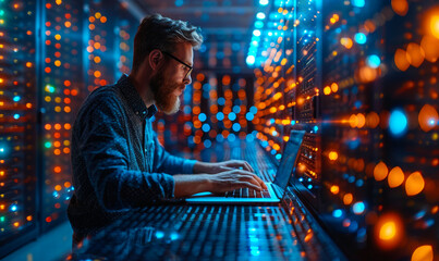 Female IT technician coding on laptop in server room, cloud data center, digital network technology database concept