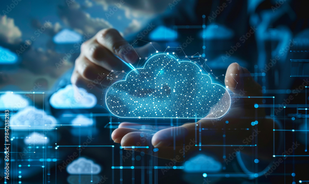 Poster smiling businessman touching cloud computing network while standing in abstract data center - busine