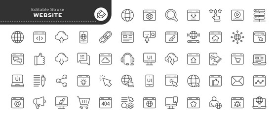 Website line icon set. Web page, homepage, internet, search, search bar, server, network and more. Outline icon in linear style. Vector collection.