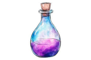 A fantasy-themed glass potion bottle filled with a glowing purple liquid, corked at the top, isolated on a transparent background, PNG