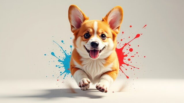 Corgi dog runs forward with a smile and color paint blots on its sides 