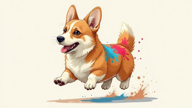 Corgi dog runs forward with a smile and color paint blots on its sides 