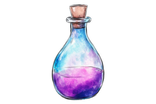 A fantasy-themed glass potion bottle filled with a glowing purple liquid, corked at the top, isolated on a transparent background, PNG
