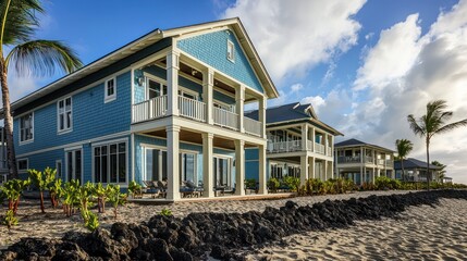 A beach resort with tropical-themed James Hardie siding, standing resilient against the harsh sun and salt of the seaside, offering guests a durable yet stylish vacation spot