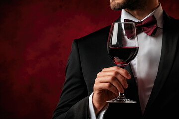 Elegant man wearing suit and bow tie holding glass of red wine