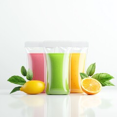 Fototapeta premium Three colorful drink pouches with lemon and orange slices, white isolate background
