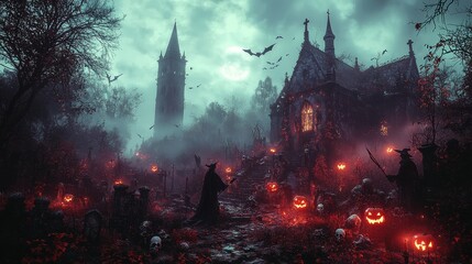 Obraz premium Spooky Halloween Night with Jack-o'-Lanterns, Haunted Castle, Full Moon, and Flying Bats