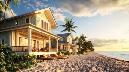 Fototapeta premium A beach resort with tropical-themed James Hardie siding, standing resilient against the harsh sun and salt of the seaside, offering guests a durable yet stylish vacation spot