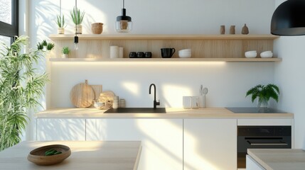 A minimalistic kitchen featuring clean white cabinetry with warm wood accents