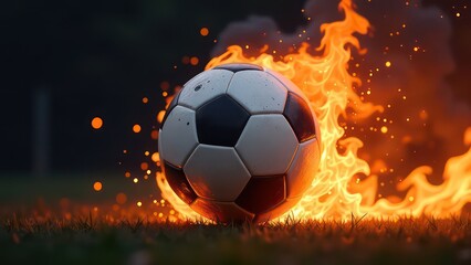 Naklejka premium Soccer ball on fire on dark background