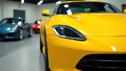 a close up view of a shiny yellow car in a showroom with other vehicles in the background