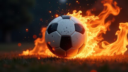 Soccer ball on fire on dark background