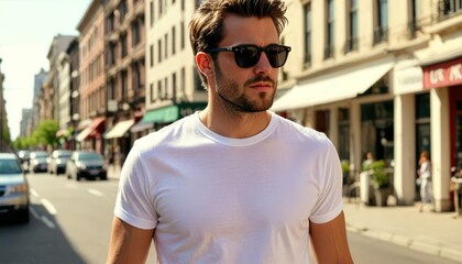 A stylish man in a white T-shirt and sunglasses strolls confidently down a city street, his gaze fixed on the horizon. 