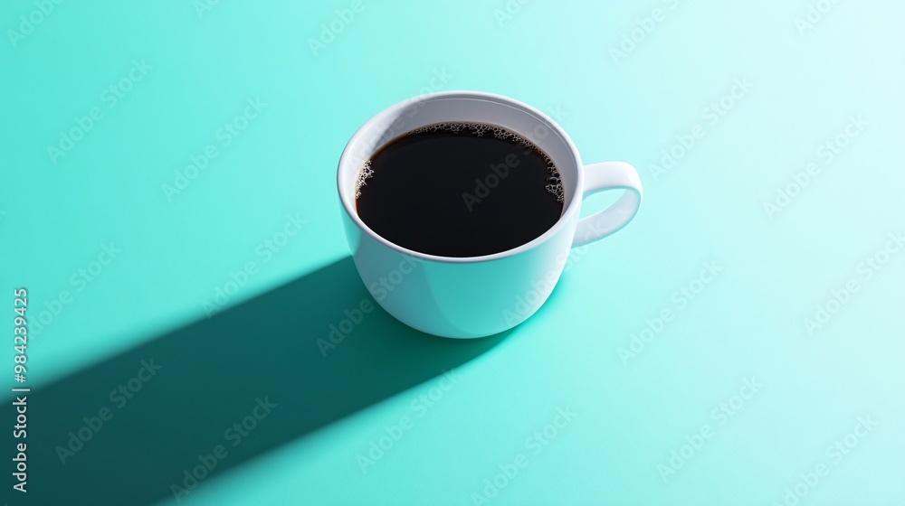 Poster A white mug of coffee casting a shadow on a turquoise background.