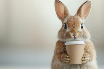 Fototapeta premium Cute rabbit holding a coffee cup, white isolated background.