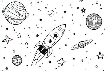 A minimalistic space scene featuring a rocket, planets, stars, and a couple of UFOs in black