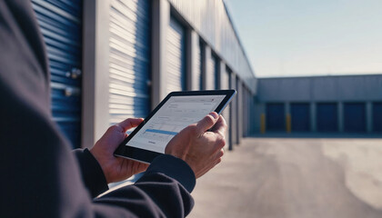 Storage facility manager using digital tablet checking inventory