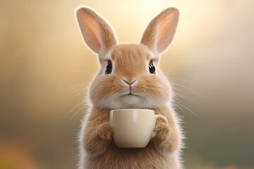 Obraz premium Cute rabbit holding a cup in a serene, blurred background.
