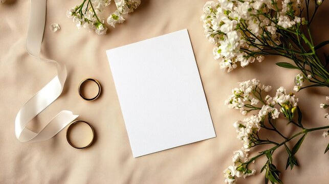 A 5x7 inch white card flat lay on linen, with wedding rings and flowers, ribbon, and a wedding theme
