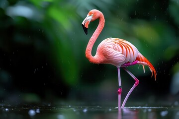 Fototapeta premium Flamingo standing gracefully in a serene wetland habitat.