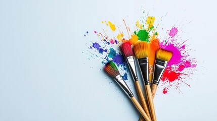 A white background with colorful paint splashes and six brushes placed in the center, symbolizing creativity and artistic expression