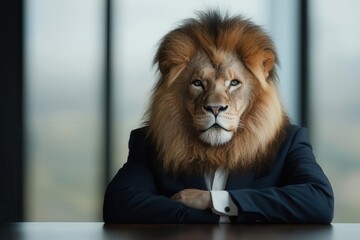 Lion dressed in a suit, seated at a conference table.