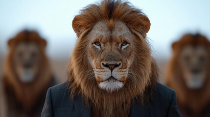Fototapeta premium Lion wearing a suit, fierce expression, white isolate background