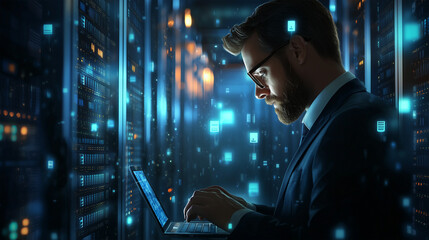 IT Specialist Using Laptop in Data Center with Server Racks and Blinking Lights, Focused and High-Tech Atmosphere