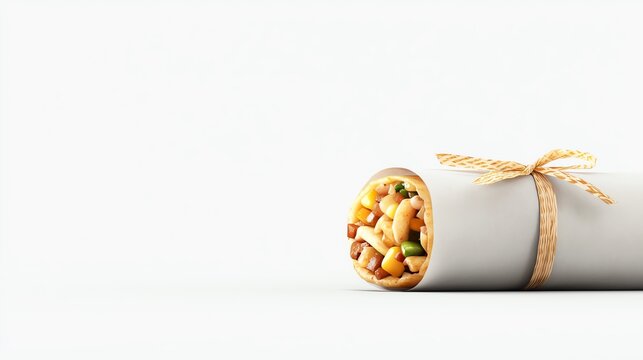Burrito wrapped with string on white textured background.