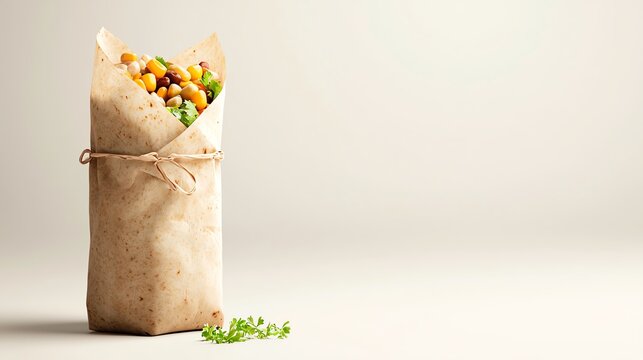 Burrito wrapped with string on white textured background.
