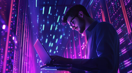 An IT Specialist Using a Laptop in a Data Center with Server Racks and Blinking Lights