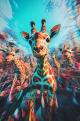 Wide-angle scene of AI-enhanced animals exploring virtual reality landscapes, colorful digital overlays, captivating behavior
