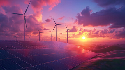 Clean Energy Concept with Photovoltaic Panels and Wind Turbines at Sunrise